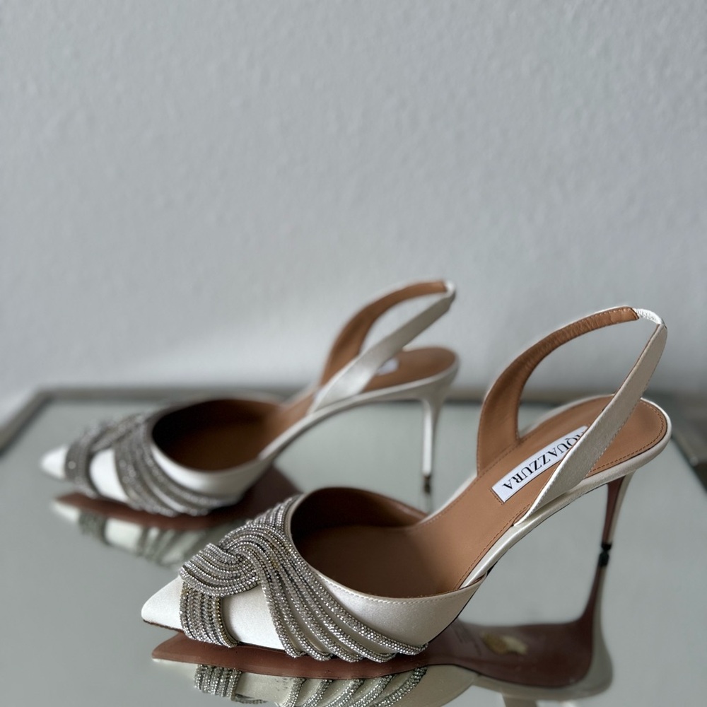 Worn once AQUAZZURA Gatsby 75 crystal-embellished satin slingback pumps - Picture 11 of 16